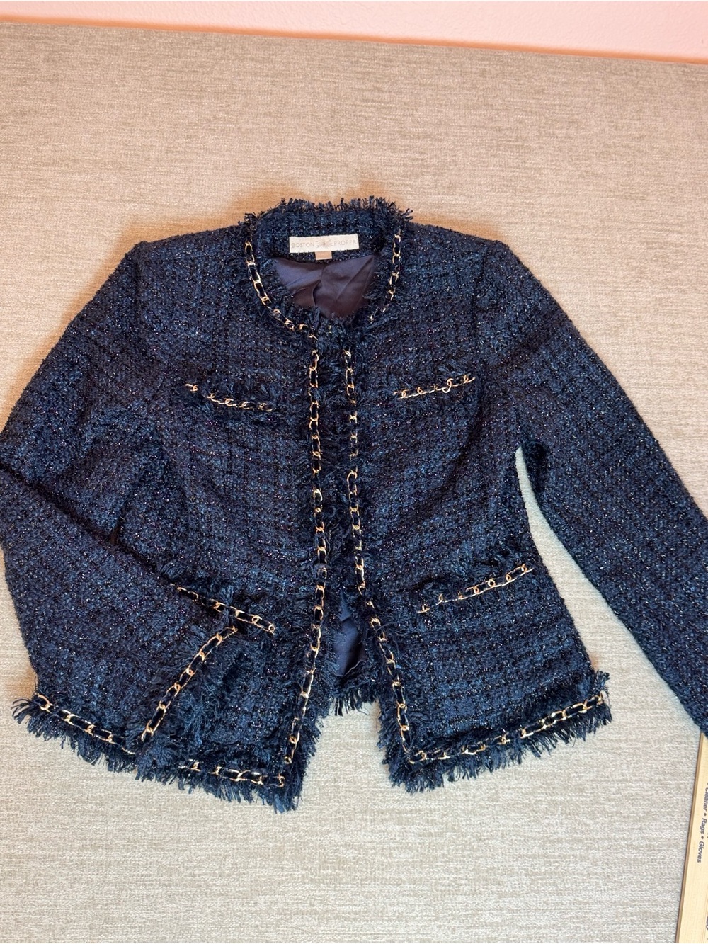 Boston Proper Parisian Navy Tweed Chain-Trim Collarless Blazer - Picture 9 of 9